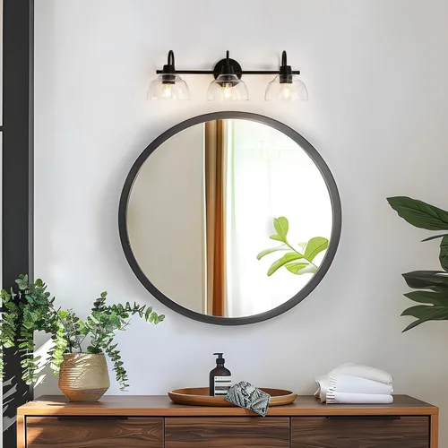 Vista 4 de KSANA Lámpara de baño negra, lámpara de tocador de 3 luces con pantalla de cristal transparente de gran apertura, moderna lámpara de pared de granja