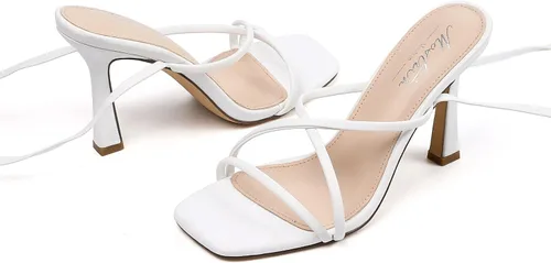 Vista 8 de Mostrin Tacones de tiras para mujer, tacones con cordones, sandalias sexis de tacón de aguja con puntera abierta cuadrada para bailes, fiestas
