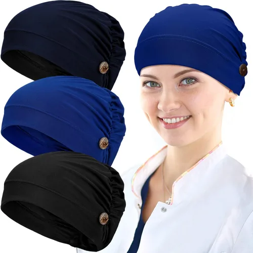Vista 13 de Geyoga Gorras Bouffant con botones, unisex, elástica, turbante con botones para mujer, 3 piezas, Negro, Talla única