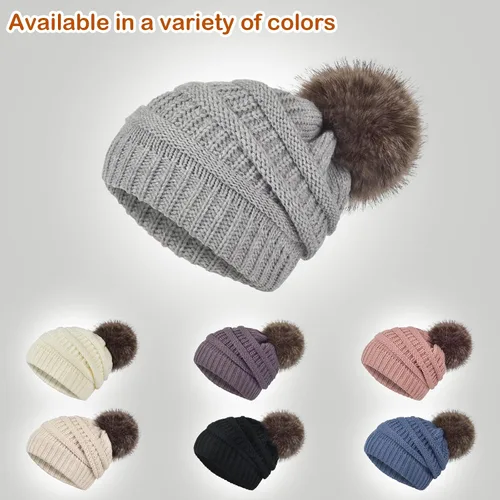 Vista 6 de Conjunto de guantes de gorro holgado para mujer, tejido de invierno, cálido, forro polar con bonito pompón