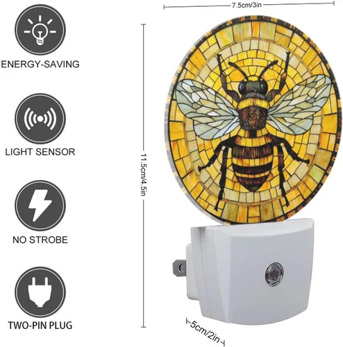 Vista 5 de Lámpara de Luz Nocturna LED Redonda con Sensor de Anochecer a Amanecer, Vidrio Emplomado Circular 3D con Luz Nocturna de Abejorro que se Enchufa a