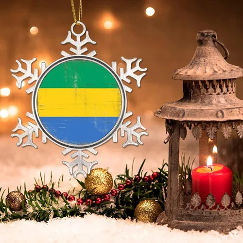 Vista 3 de Adorno colgante de Navidad de Gabón, bandera de Gabón, regalo de vacaciones, copo de nieve de metal, adorno para árbol de Navidad, bandera nacional
