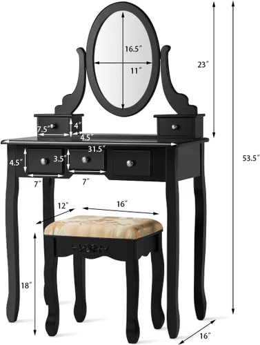 Vista 8 de LDAILY Juego de mesa de tocador estable con espejo giratorio de 360°, escritorio de maquillaje con taburete acolchado y 5 cajones para espacios