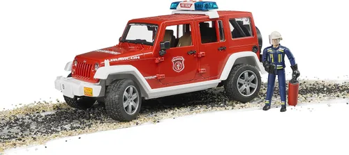 Vista 2 de Bruder Jeep Rubicon - Vehículo de rescate de bomberos con sonidos electrónicos de sirena de emergencia y figura de bombero Jeep Wrangler Unlimited