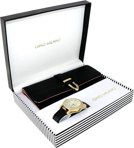 Vista 7 de Reloj de pulsera de cuero dorado para mujer y cartera de tres pliegues a juego 2-PACK ROJO - NEGRO