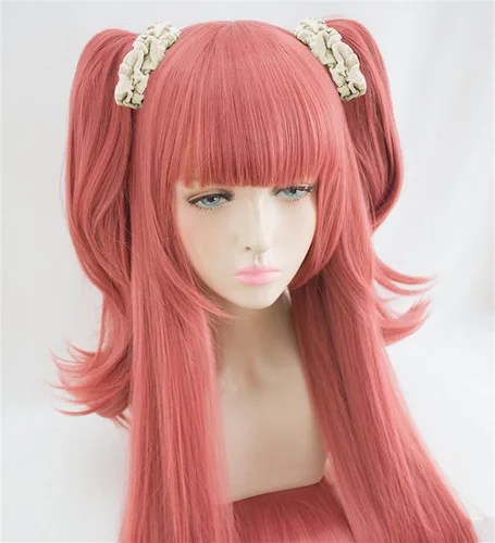 Vista 3 de Anime 39.4 in largo recto rosa profundo Cosplay peluca clip doble cola de caballo pelucas de fiesta de Navidad+gorra