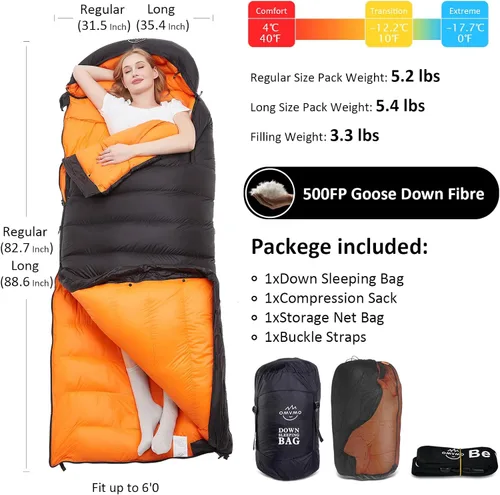 Vista 3 de Saco de dormir de plumón de 0 a 20 grados F para adultos, sobre de 4 estaciones con agujeros para los brazos, portátil para mochileros
