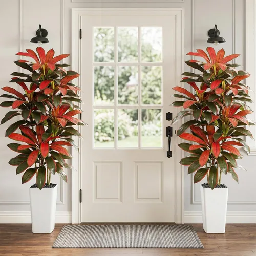 Vista 8 de Árbol de Dracaena artificial rojo de 6 pies, plantas falsas altas Hoja blanco-roja