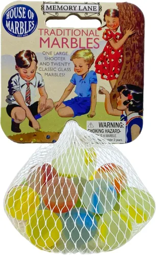 Vista 14 de House of Marbles Adventurer's Net Bag of Marbles - Juego de 21 piezas de mármol de vidrio estilo camuflaje con remolinos verdes y morados oscuros