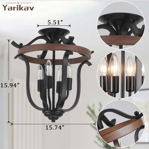 Vista 3 de Candelabro de 4 luces estilo granja, lámpara de techo de montaje empotrado vintage rústica mini, lámpara de araña de metal negro y madera artificial