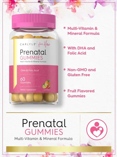Vista 4 de Carlyle Gomitas prenatales con DHA y ácido fólico, 60 gomitas Suplemento multivitamínico y mineral para mujeres Sabor a fruta Sin OMG, sin