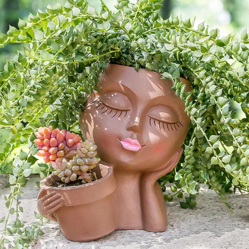 Vista 9 de vomiceak Macetas de Cara con Forma de Cabeza, Macetas para Plantas de Interior - Macetas Dobles Lindas para Flores y Suculentas con Agujeros