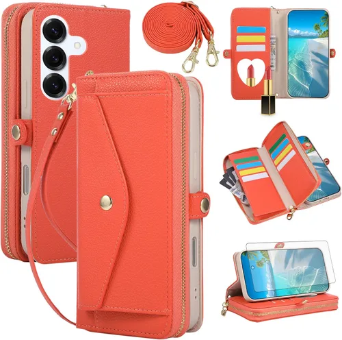 Vista 52 de Asuwish Funda de teléfono para Samsung Galaxy S23 5G con cremallera, funda para celular con protector de pantalla, correa para el hombro, espejo