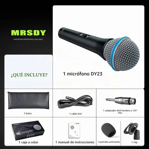 Vista 2 de MRSDY Micrófono XLR con cable, micrófono dinámico cardioide de mano de metal para cantar, escenario, estudio, karaoke, con interruptor