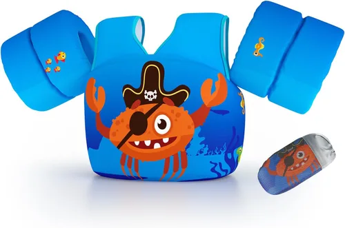 Vista 15 de Chaleco de natación para niños pequeños, apto para niños de 28 a 70 libras, flotadores para niños y niñas, ayuda a la natación, entrenamiento, traje