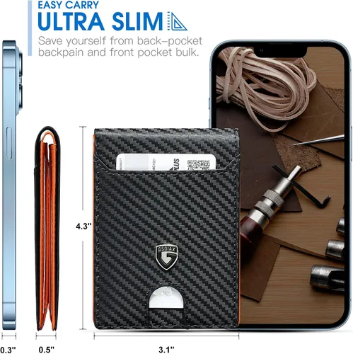 Vista 3 de GSOIAX Cartera delgada para hombre, con bloqueo RFID, billetera plegable de fibra de carbono, bolsillo frontal, con 11 tarjeteros, cartera