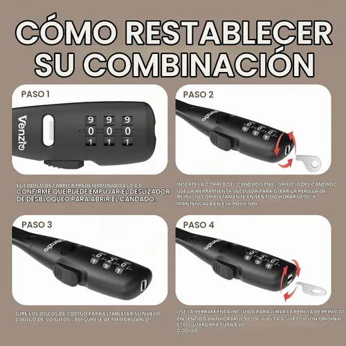 Vista 6 de Venzio Cerradura de combinación de 3 dígitos ajustable con cremallera para cables, 1 paquete