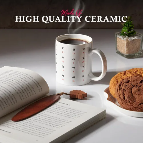 Vista 2 de BICETTO Taza de café de cerámica coreana de 12 onzas con impresionante diseño de hangul y alfabeto inglés, taza ideal para entusiastas del café