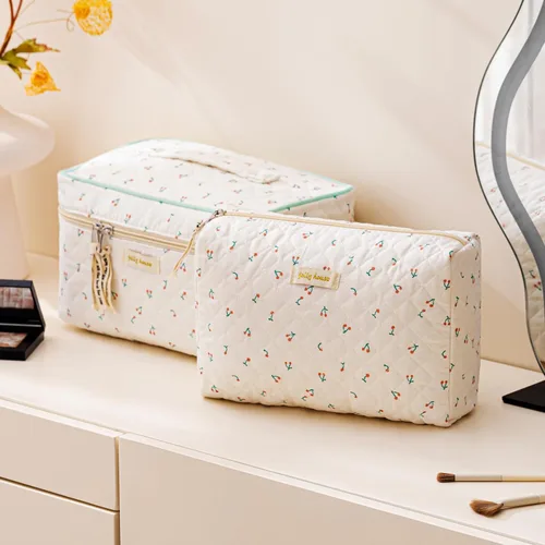 Vista 4 de HBselect Bolsa de Maquillaje Acolchada, 3 Piezas de Gran Bolsa de Maquillaje de Viaje de Algodón, Linda Bolsa de Maquillaje Floral Coquette, Bolsa