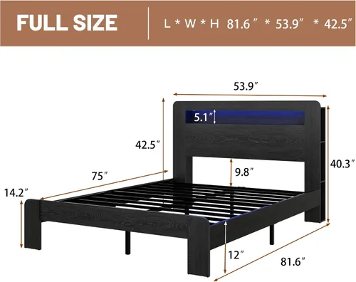 Vista 2 de Marco de cama matrimonial con almacenamiento de cabecero, marco de cama de plataforma de madera con estantería y estantes, estación de carga y luces
