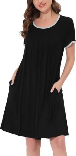 Vista 21 de cheibear Camisones de pijama para mujer, ropa de dormir, color sólido, cuello redondo