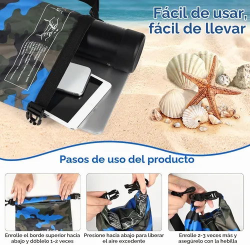 Vista 6 de Bolsa seca impermeable de 5L/10L/15L/20L/30L Mochila de almacenamiento en seco con funda para teléfono, botella de agua plegable, gafas de sol Azul