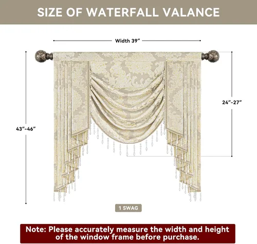 Vista 3 de Loom and Mill Cenefa de cascada de lujo de jacquard para sala de estar, elegantes cenefas de ventana con festones y cuentas damascadas, cortinas