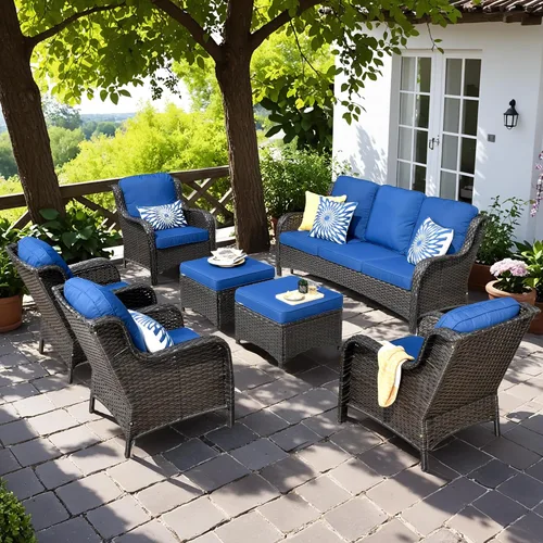 Vista 8 de Juego de muebles de exterior para patio, silla y sofá (ratán marrón, beige, 3 piezas)