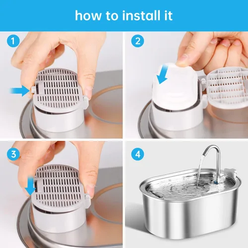 Vista 5 de Filtros de fuente de agua para gatos, paquete de 12 filtros de repuesto y esponjas de prefiltro para fuente de acero inoxidable de 3.2L/108 onzas