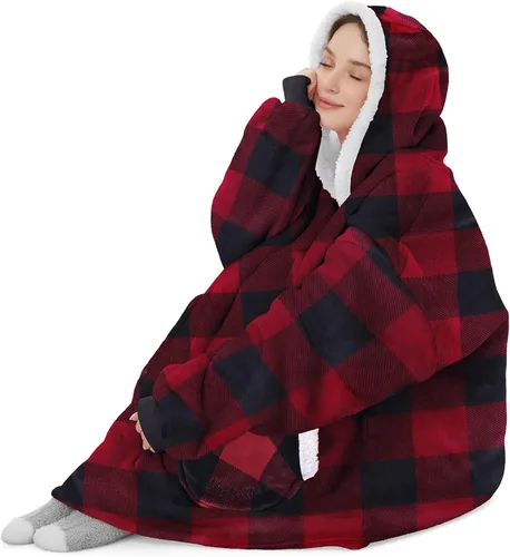 Vista 6 de American Trends Wearable Blanket Hoodie, Oversized Sherpa Warm Hoodie Blanket Thick Sweatshirt, Gift for Women Men Girls Tela a cuadros roja y negra