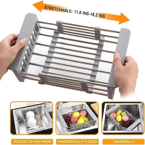 Vista 3 de Extend - Cesta de drenaje para fregadero de cocina, estante retráctil de acero inoxidable con pluma ajustable, cesta extensora multifuncional