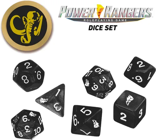 Vista 2 de Renegade Game Studios Power Rangers RPG - Juego de dados poliédricos negros de 8 piezas con moneda de poder personalizada