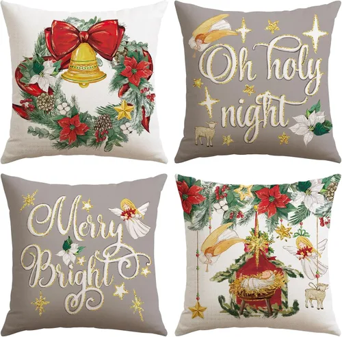 Vista 15 de Artscope Juego de 4 fundas de almohada de Navidad Oh Holy Night Merry Bright Corona de Jesús de 16 x 16 pulgadas, fundas de almohada para decoración