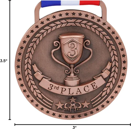 Vista 7 de Medallas de bronce dorado y plateado para premios de trofeo del 1er 2º y 3er lugar, acabado brillante o antiguo con cinta de satén roja, blanca