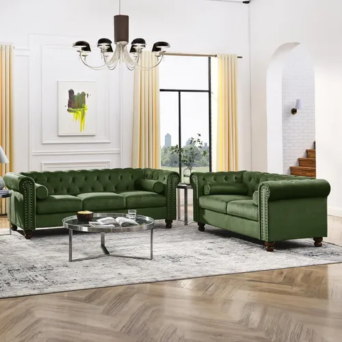 Vista 16 de Juego de 2 piezas Air Leather Chesterfield para sala de estar, sofá y silla Marrón