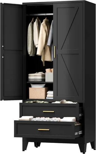 Vista 9 de LCAOPC Armario de metal de 71 pulgadas de alto con cajón y barra para colgar, armario de 2 puertas con estante para dormitorio, oficina, lavandería