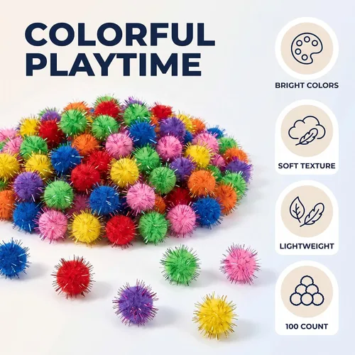 Vista 2 de 100 bolas de oropel con purpurina colorida y bolas de pompones para gatos, para ejercicios de gatitos y múltiples gatos para jugar y perseguir