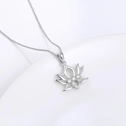 Vista 4 de Collar con colgante de flor de loto de plata de ley 925 con diseño inspirador de circonita cúbica para mujeres y niñas, regalo de yoga, 16 pulgadas