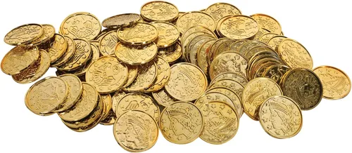 Vista 13 de Beistle 100 monedas de plástico en relieve de plata para casino occidental y tema pirata, recuerdos de fiesta del cofre del tesoro, 1.5 pulgadas