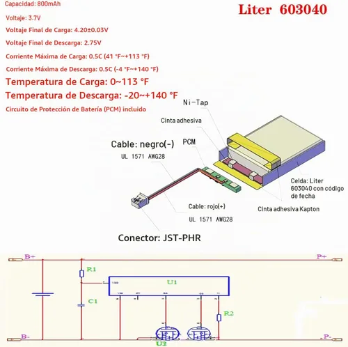 Vista 3 de Liter energy battery batería recargable 603040 del polímero de iones de litio de 3.7V 800mAh con el conector PH2.0