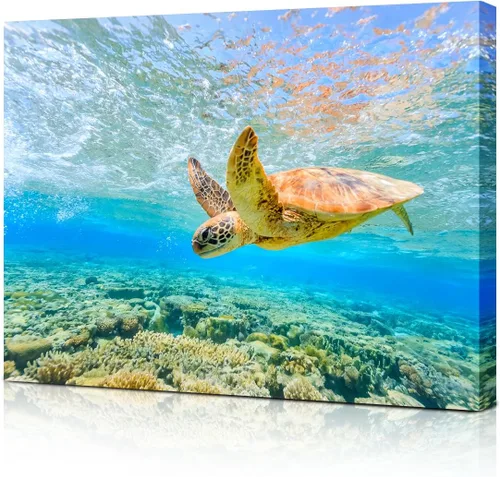 Vista 19 de Playa - Arte de pared del océano: tortugas marinas en un lienzo azul para decoración de baño, arte marino, tortuga hawaiana, decoración costera