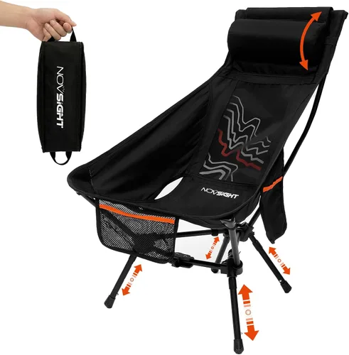 Vista 4 de Silla de camping portátil de respaldo alto con reposacabezas y pies Panel de línea de contorno negro