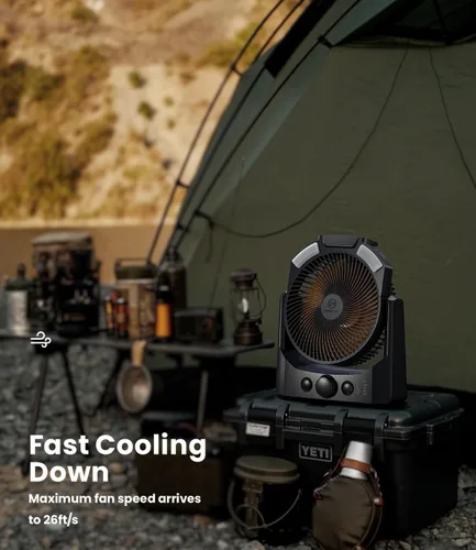 Vista 7 de Ventilador de campamento con linterna LED, ventilador de escritorio con pilas D de 8 pulgadas con temporizador, control de velocidad continuo
