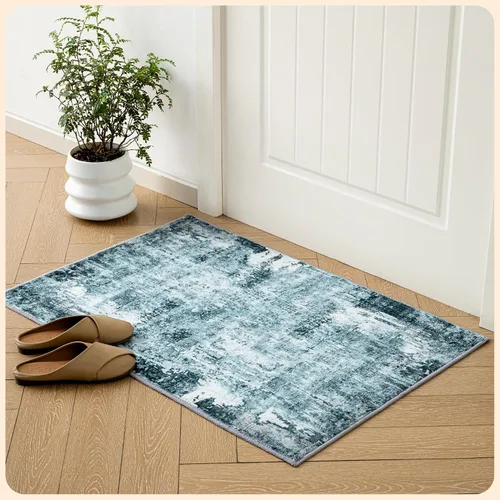 Vista 216 de Istana Alfombra larga antideslizante de 2.5 x 8 para el hogar, para pasillo y cocina, lavable, sedosa y suave al tacto, elegante, color azul y marfil