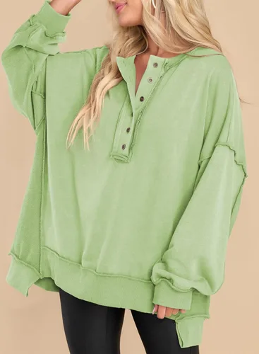 Vista 25 de AlvaQ - Sudadera de gran tamaño para mujer, informal, de manga larga, con botones y cuello Henley, tipo túnica