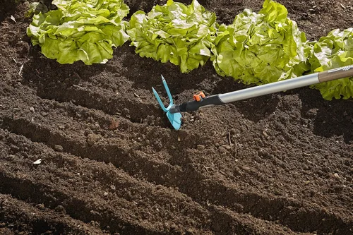 Vista 5 de Gardena combisystem Azada de jardín: Azada con hoja en forma de corazón, 2 púas, 2.8 in de ancho de trabajo, acero fabricado con revestimiento