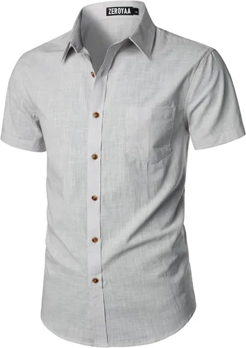 Vista 2 de ZEROYAA Camisas de manga corta con botones y algodón y lino para hombre, ligeras, con bolsillo
