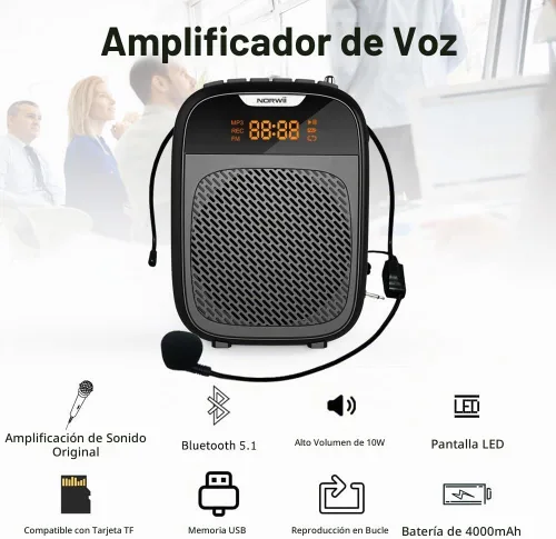 Vista 3 de Norwii Mini amplificador de voz, habla portátil con auriculares con Negro