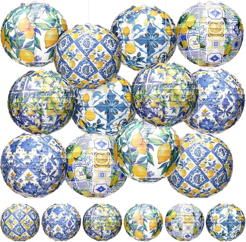 Vista 7 de Rossesay 12 faroles de papel costeros azules de 8 pulgadas, farol colgante de flores azules para interiores y exteriores, decoración náutica