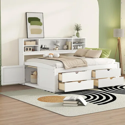 Vista 12 de DEINPPA Cama capitán completa con cabecera de almacenamiento, sofá cama matrimonial con cajones y armarios, marco de cama de plataforma de madera